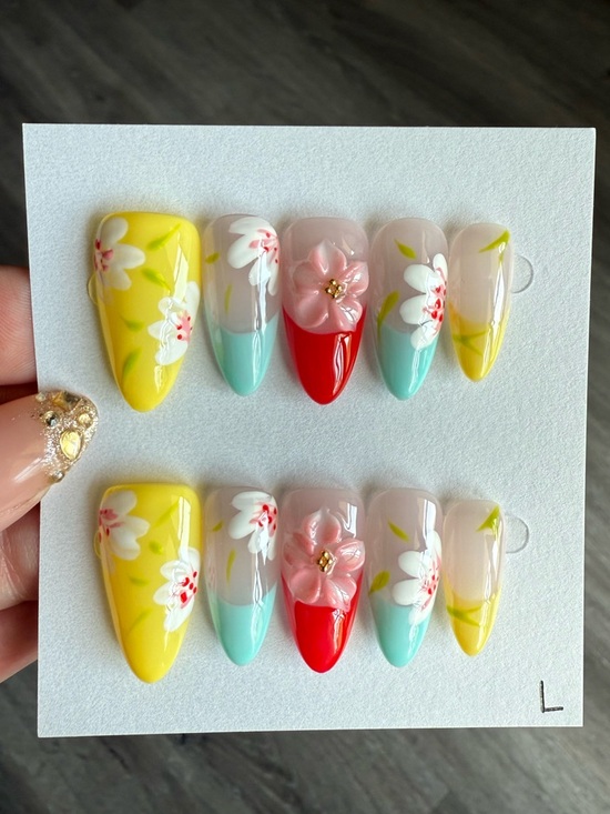 Handmade Other - Floral Hand-Painted Press-On Nails - Yellow, Teal, Red, Pink